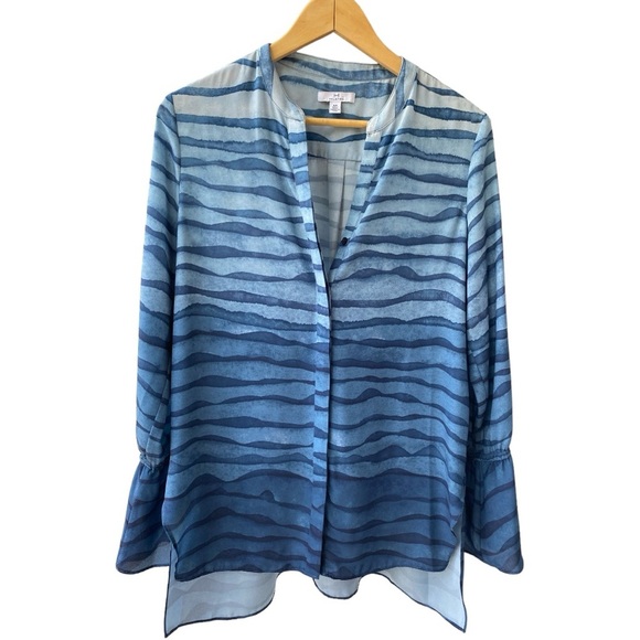 H by Halston Tops - H by Halston (Fits S/M) Blue Stripe Button Tunic Bell Sleeve Blouse Size SP